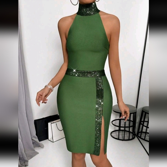 Women Stand Collar Sleeveless Solid Color Patchwork Split Hem Casual Midi Dress - Picture 1 of 4